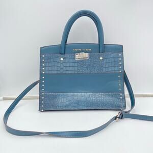 Adrienne Vittadini Teal Blue Croc Embossed Texture Studded Top-Handle Satchel